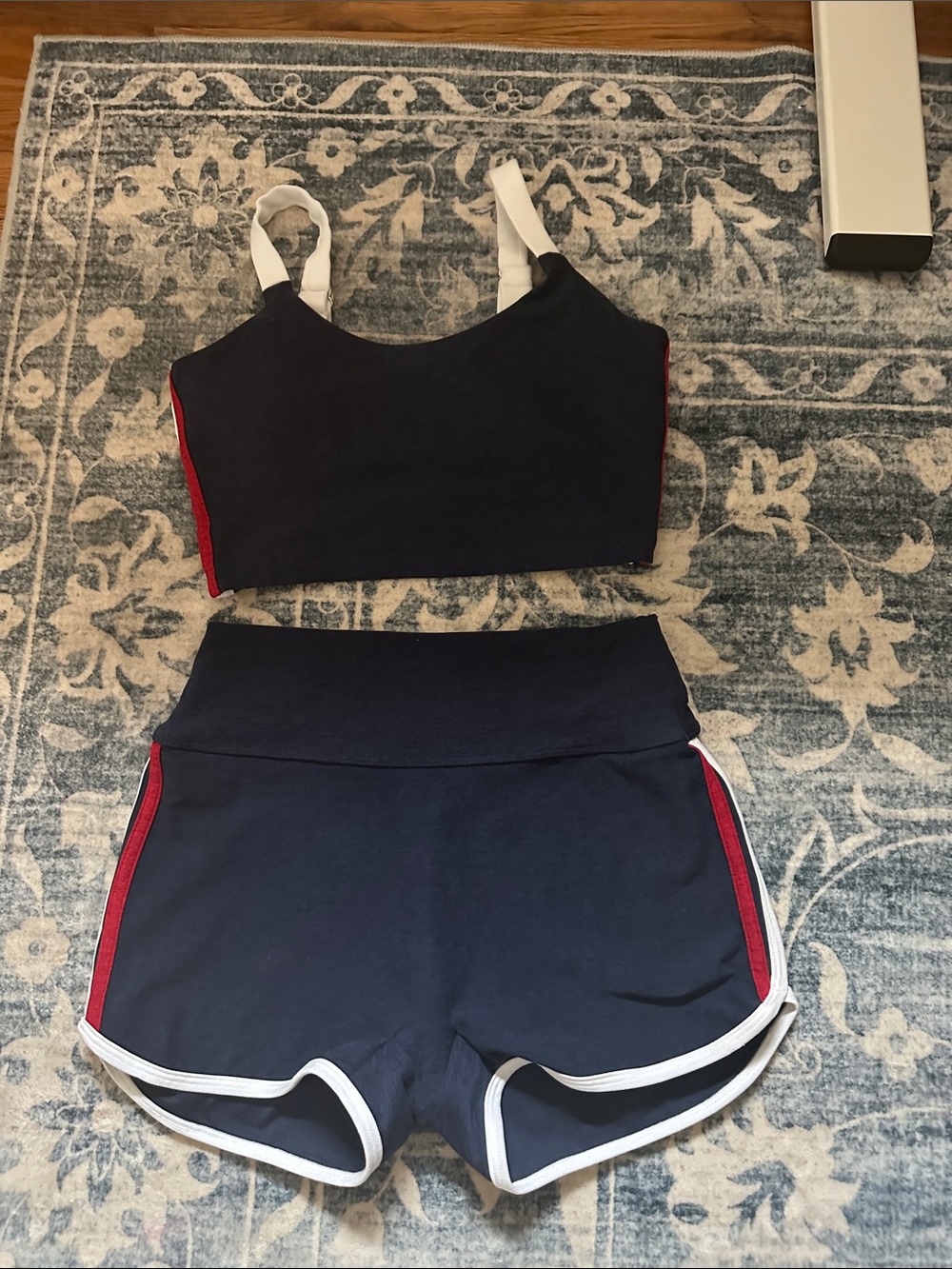 Bombshell Sportswear Navy Crop Top & Shorts with White Straps and Red Accents